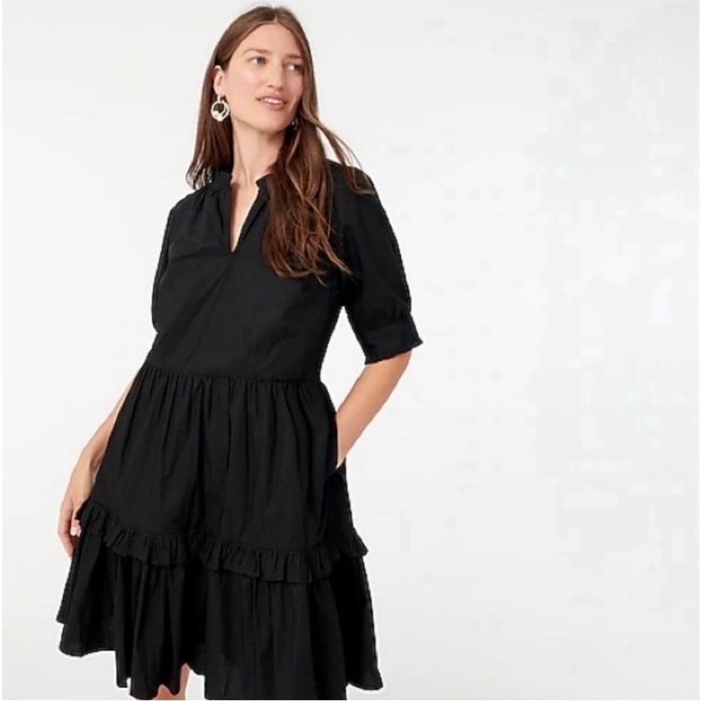 J. Crew Ruffle Neck Tiered Popover Black Dress Size XS Tall